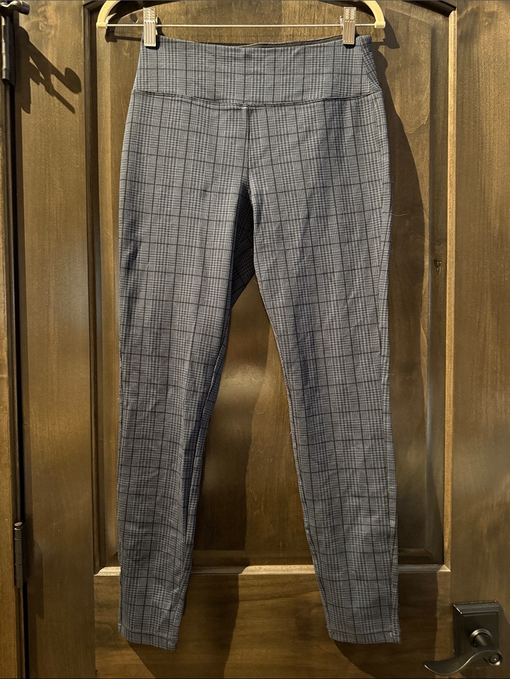 High-Waist Plaid Leggings - black and blue plaid